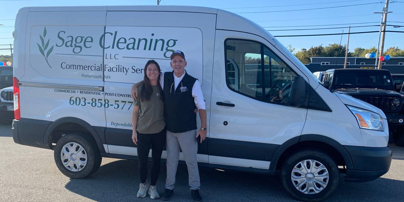 Katlyn Raymond and her dad smiling in front of the white Sage Cleaning van that reads Commercial Facility Services